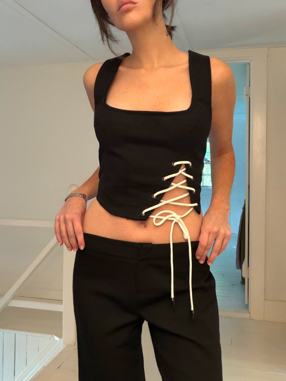 Del Luvra The Pia Denim Lace Up Cropped Corset Top NWT Black Size S Retail $209